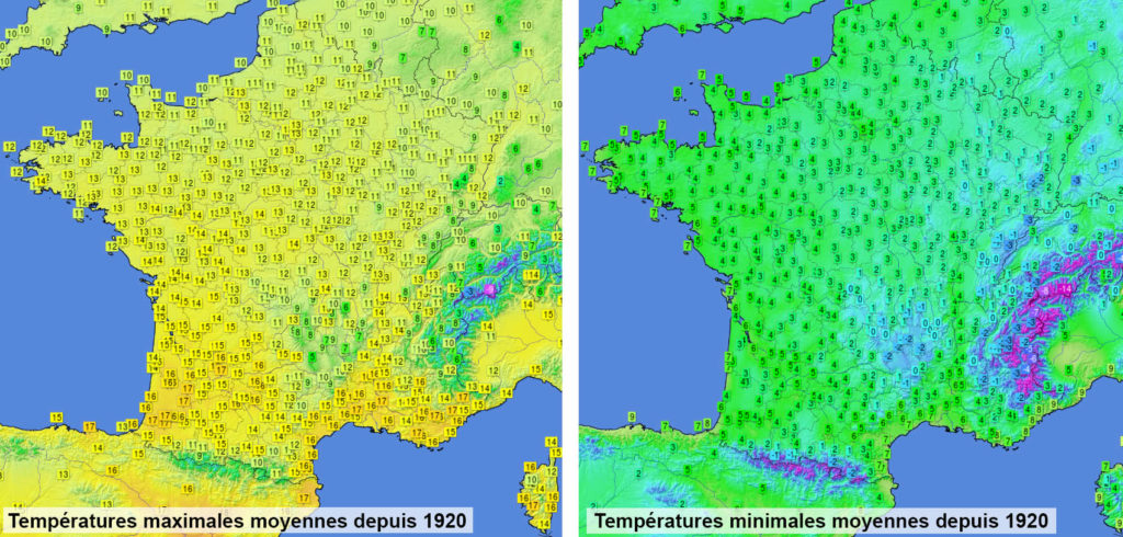 Moyenne des températures maximales et minimales depuis 1920 sur le territoire français